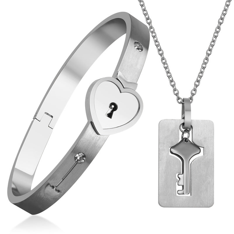 Love Heart Lock Bracelet Bangles Key Pendant Stainless Steel 