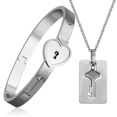Lock Bracelet and Key Necklace - Matching Bracelet for Couples - Silver