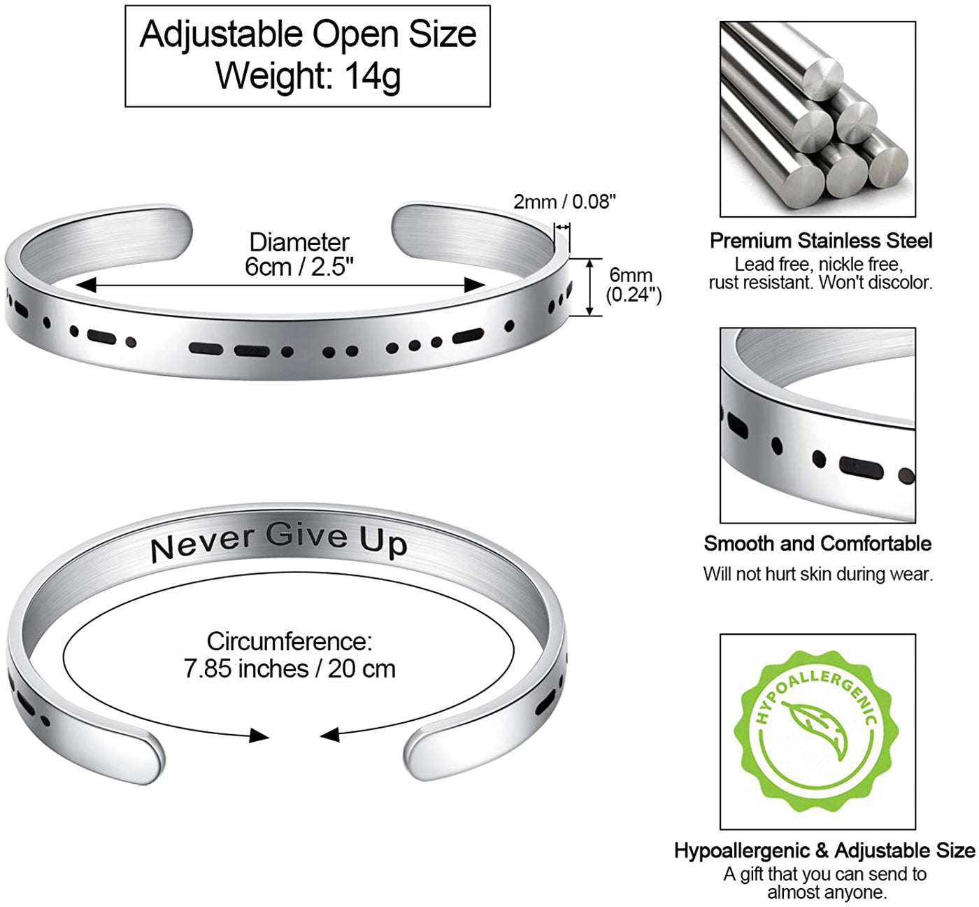 NEVER GIVE UP Morse Code Bracelet