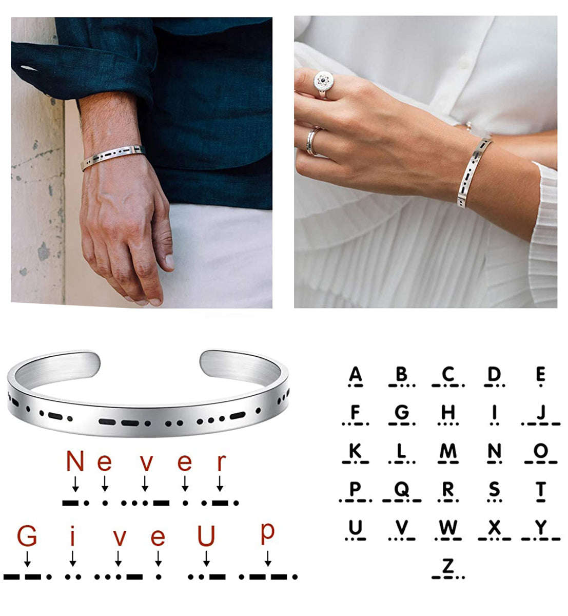 NEVER GIVE UP Morse Code Bracelet