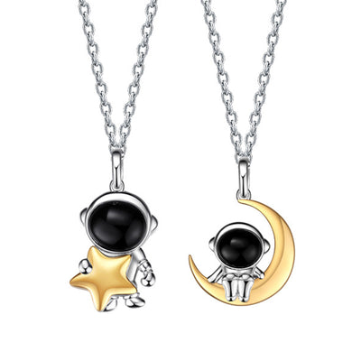Spacemen Astronaut Moon Star S925 Silver Couple Necklaces